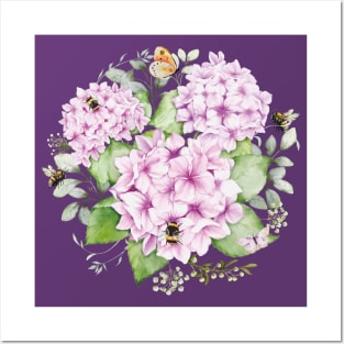 Sweet As Can Bee with Hydrangea Flora Watercolor Illustration No Lettering Posters and Art